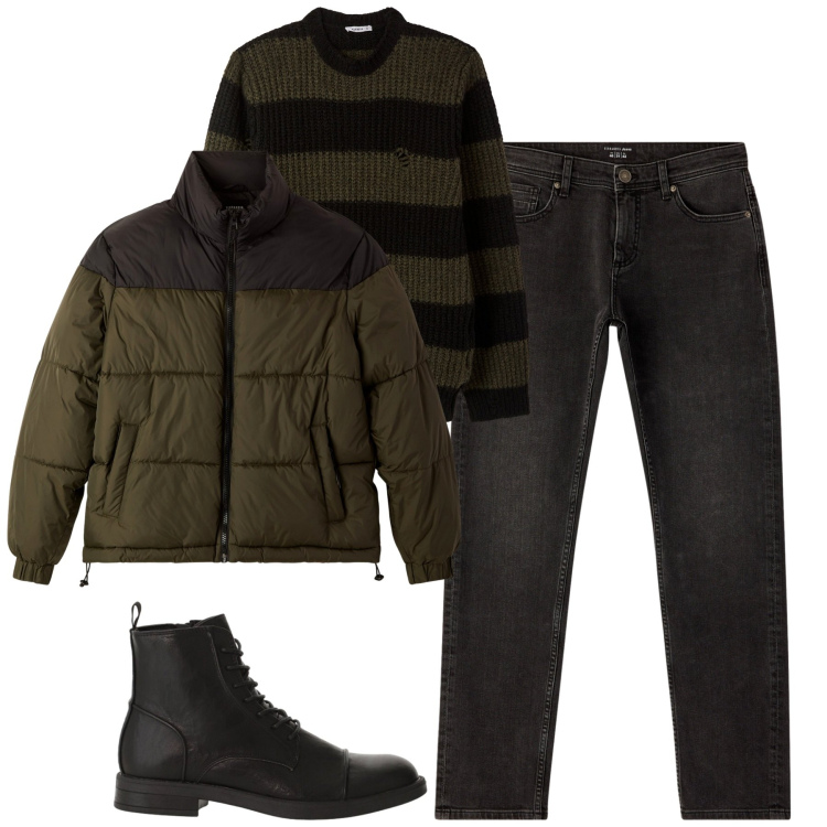 Outfit uomo - Febbraio. Stile Urban per Tutti i giorni. Abbinamento con jeans, bomber, maglieria, anfibi.