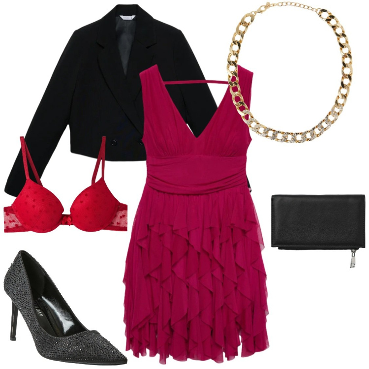 Outfit donna - Abito midi protagonista. Stile Glamour per Serata fuori. Abbinamento con vestiti, blazer, portafogli, collane, reggiseni push-up, décolleté.