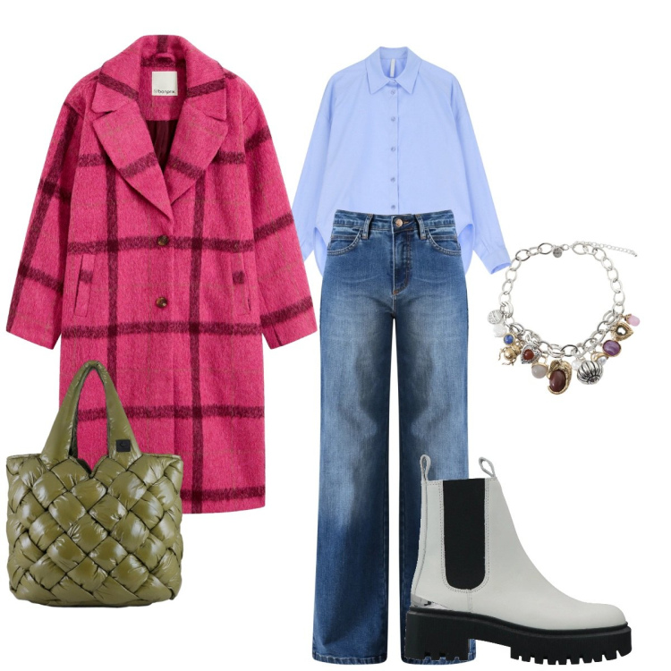 Outfit donna - Colore. Stile Sporty chic per Tutti i giorni. look ideale per Tall. Abbinamento con cappotti, stivaletti, camicie, braccialetti con ciondoli, jeans, borse tote.