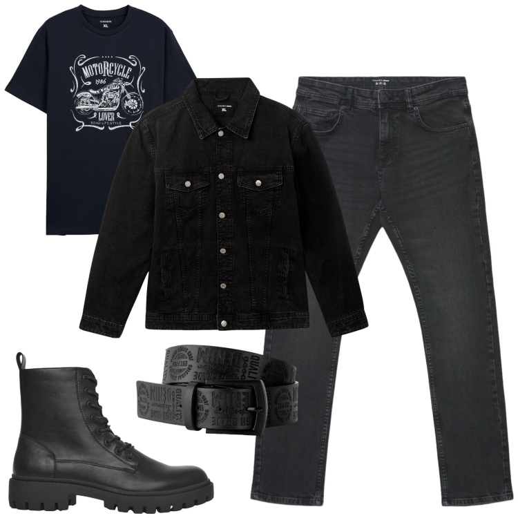 Outfit uomo - Friday. Stile Biker Rock per Tutti i giorni. Abbinamento con cinture, giacche, anfibi, t-shirt, jeans.