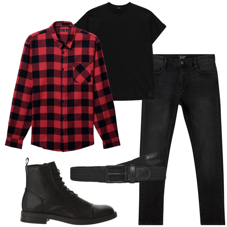 Outfit uomo - Overshirt a quadri. Stile Casual per Tutti i giorni. Abbinamento con jeans skinny, cinture, camicie, t-shirt, anfibi.