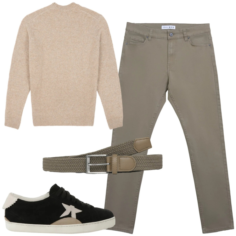 Outfit uomo - Martedi. Stile Casual per Tutti i giorni. Abbinamento con cinture, pantaloni skinny, sneakers, maglieria.