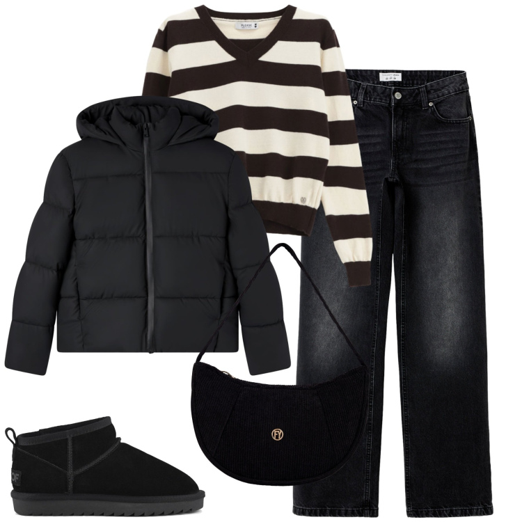 Outfit donna - Righe. Stile Casual per Tutti i giorni. Abbinamento con jeans, bomber, maglieria, borse a mano, stivali.