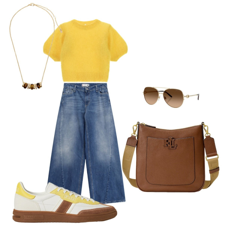 Outfit donna - Yellow solution. Stile Casual chic per Scuola/Università. look ideale per Tall. Abbinamento con t-shirt, jeans, borse a tracolla, occhiali da sole, sneakers, collane.
