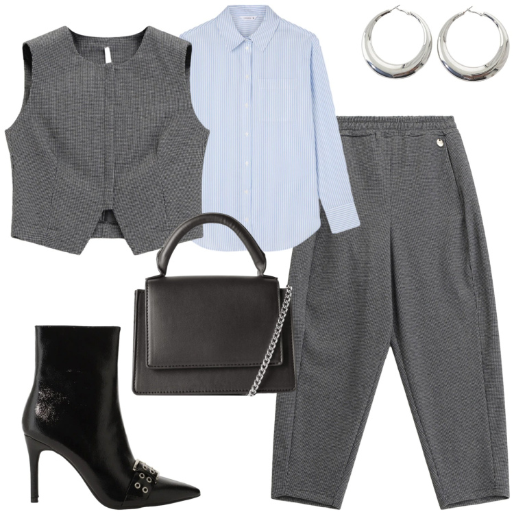 Outfit donna - Urban vibes. Stile Urban per Tutti i giorni. Abbinamento con stivaletti, pantaloni, gilet, orecchini, camicie, borse a tracolla.