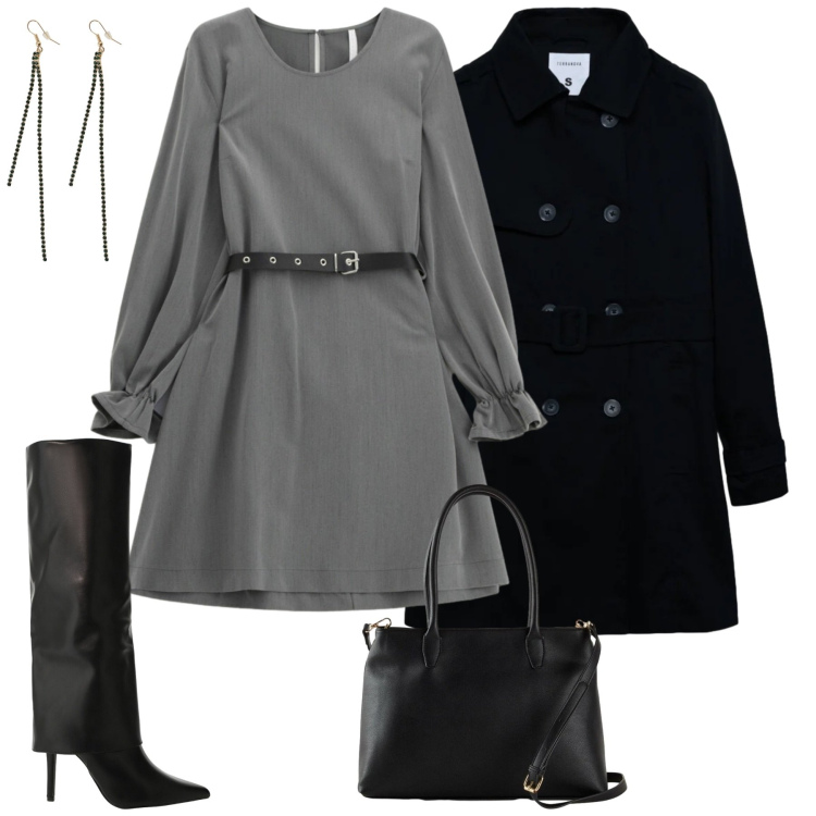 Outfit donna - In Città. Stile Urban per Tutti i giorni. Abbinamento con borse a mano, stivali, vestiti corti, orecchini, trench.