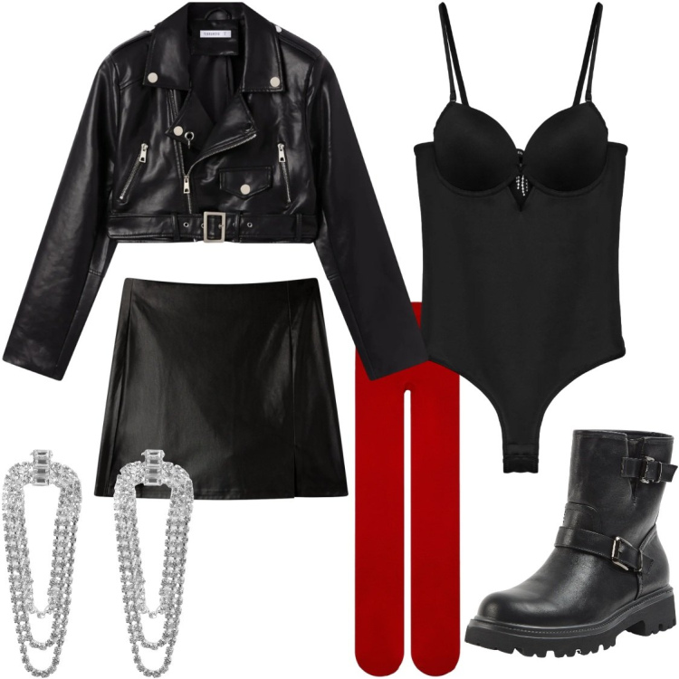 Outfit donna - S.Valentino rock. Stile Rock per Serata fuori. Abbinamento con minigonne, giacche, body, collant, stivaletti, orecchini.