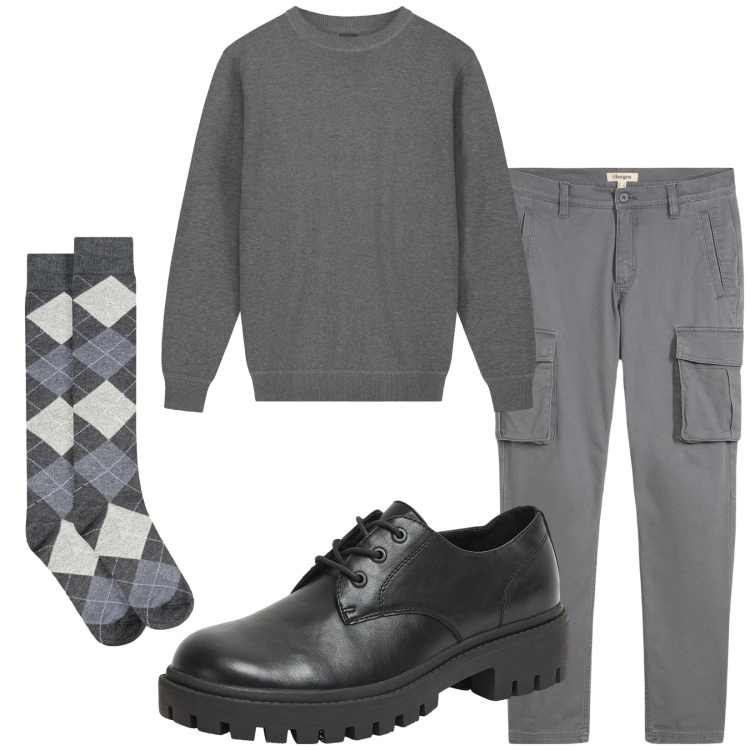 Outfit uomo - Total look #2329060. Stile Urban per Tutti i giorni. Abbinamento con pantaloni cargo, scarpe stringate, maglieria, calzini.