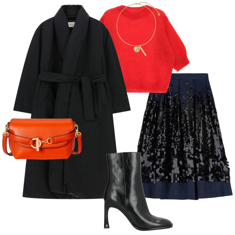 Outfit donna - Love It fashion. Stile Casual chic per Serata fuori. Abbinamento con stivaletti, gonne longuette, maglieria, giacche, borse a tracolla, ciondoli.