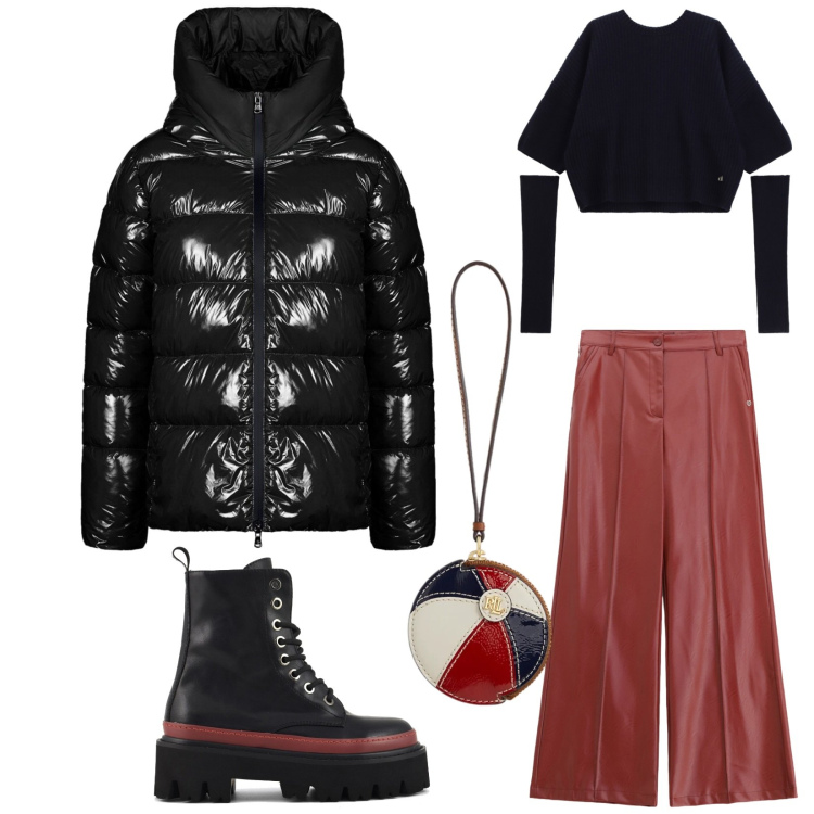 Outfit donna - Total look #2329064. Stile Trendy per Serata fuori. Abbinamento con maglieria, pantaloni, pochette, piumini, anfibi.