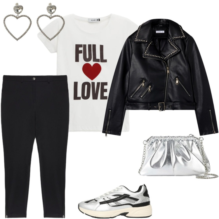 Outfit donna - Full of love. Stile Rock per Tutti i giorni. Abbinamento con borse a tracolla, orecchini, giacche, sneakers, t-shirt, pantaloni skinny.