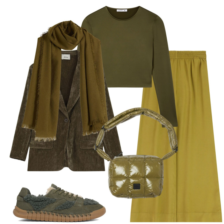 Outfit donna - Total look #2329068. Stile Casual chic per Tutti i giorni. Abbinamento con sciarpe, blazer, pantaloni a palazzo, t-shirt, borse a spalla, sneakers.