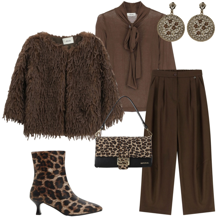 Outfit donna - Love It fashion. Stile Casual chic per Serata fuori. Abbinamento con stivaletti, borse a spalla, orecchini, blazer, pantaloni a palazzo, top.