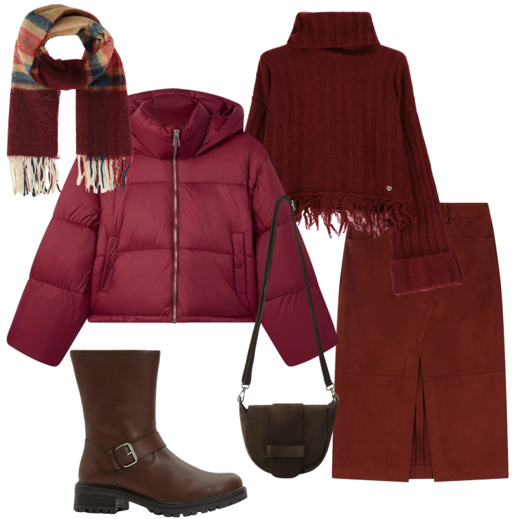 Outfit donna - Burgundy love. Stile Urban per Ufficio. Abbinamento con stivali, gonne longuette, borse a tracolla, bomber, maglieria, sciarpe.