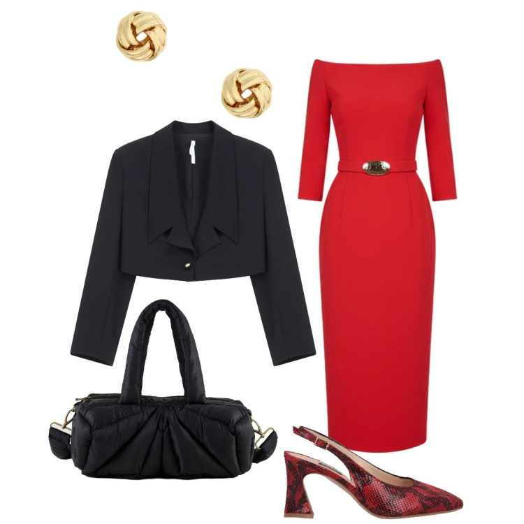 Outfit donna - Una serata particolare. Stile Glamour per Serata fuori. Abbinamento con décolleté, blazer, vestiti midi/longuette, orecchini, borse a mano.