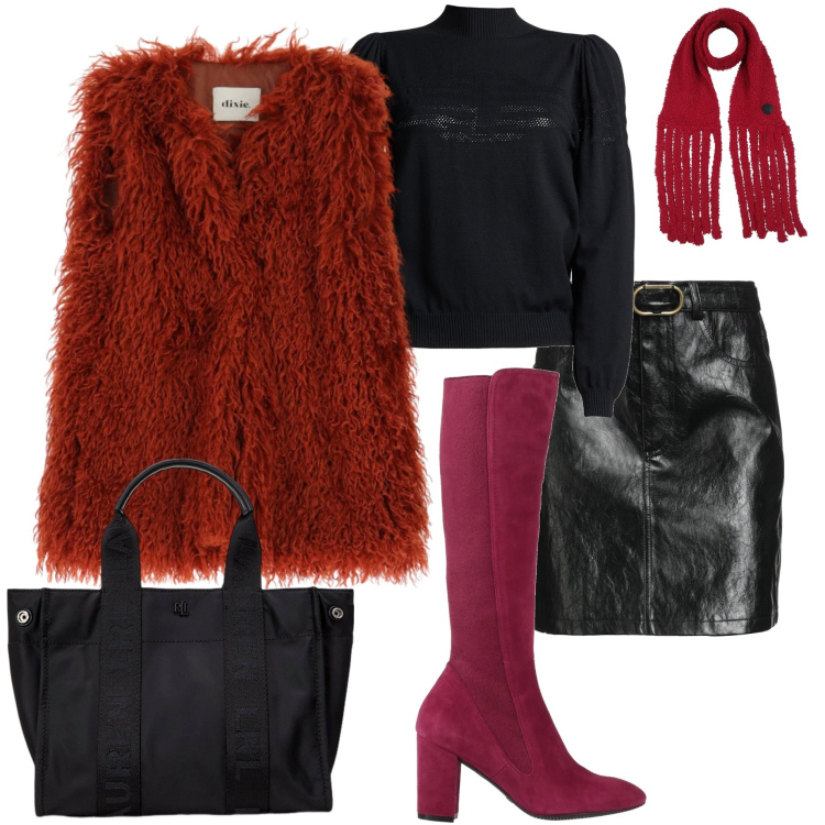 Outfit donna - Burgundy love. Stile Glamour per Serata fuori. Abbinamento con stivali, maglieria, minigonne, sciarpe, gilet, borse tote.