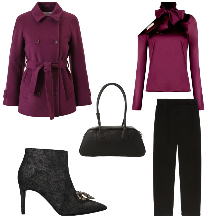 Outfit donna - Nero e borgogna. Stile Bon Ton per Serata fuori. Abbinamento con stivaletti, borse a mano, bluse, caban, pantaloni.