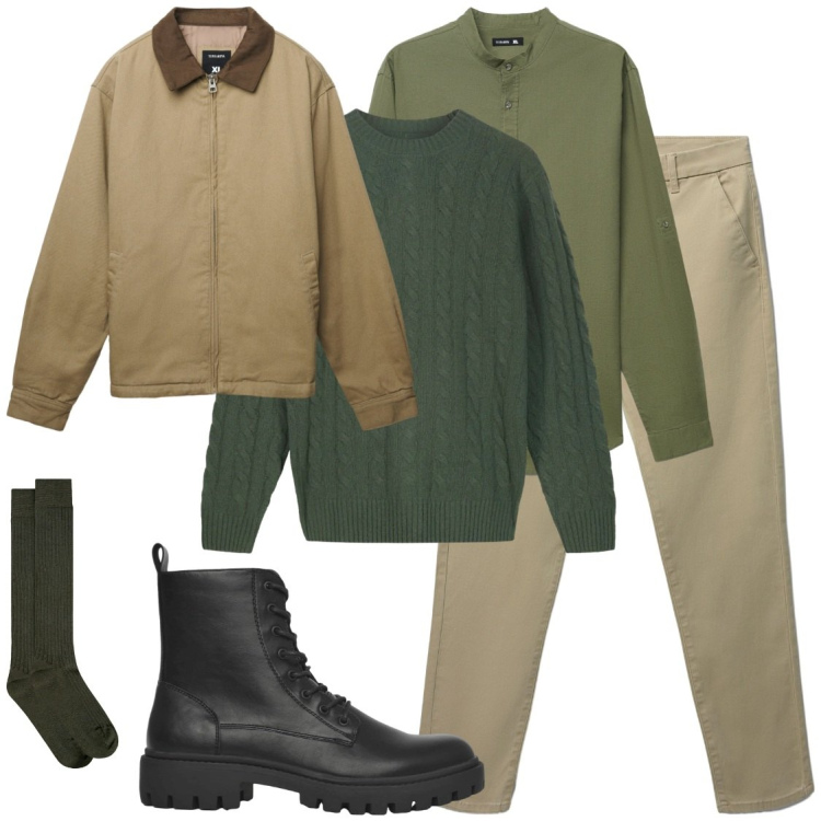 Outfit uomo - Verde salvia. Stile Casual per Tutti i giorni. Abbinamento con anfibi, pantaloni chino, cappotti, camicie, calzini, maglieria.