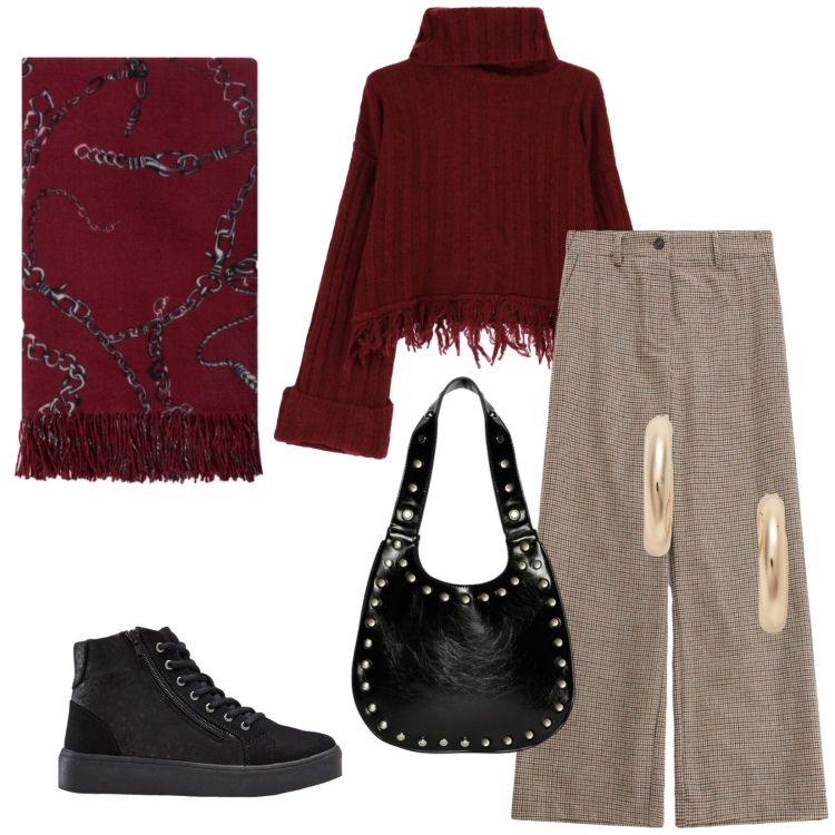 Outfit donna - Total look #2329087. Stile Casual chic per Tutti i giorni. Abbinamento con sneakers alte, pantaloni a palazzo, maglieria, orecchini, sciarpe, borse a spalla.