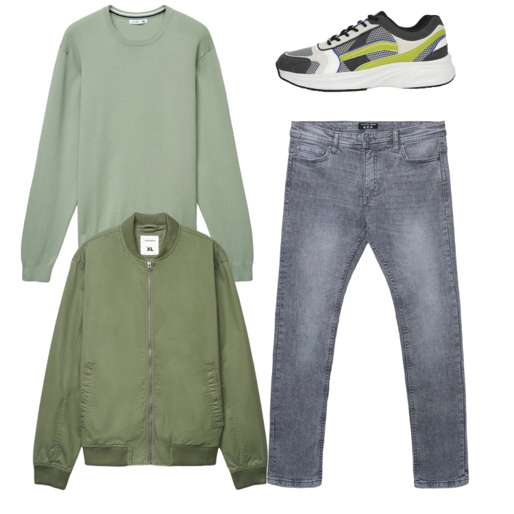 Outfit uomo - Total look. Stile Casual per Tutti i giorni. Abbinamento con jeans skinny, sneakers, maglieria, bomber.