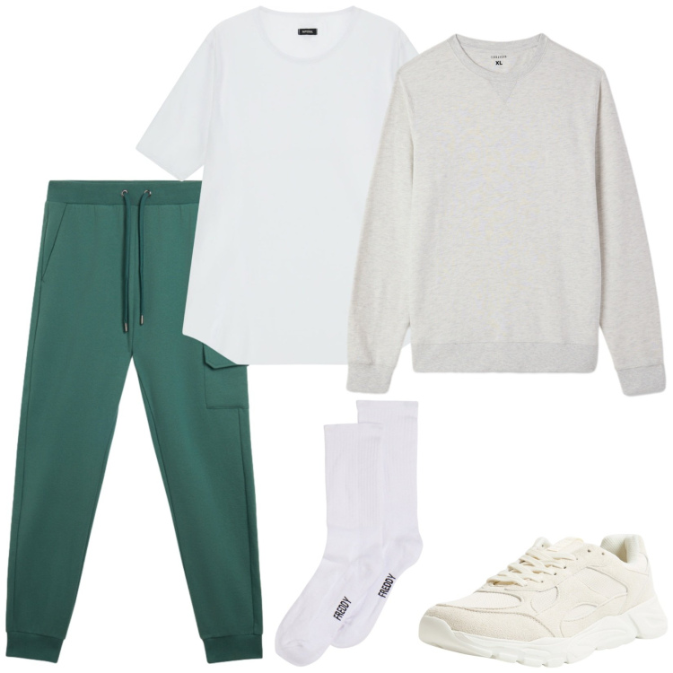 Outfit uomo - At home. Stile Casual per Tutti i giorni. Abbinamento con sneakers, felpe, t-shirt, pantaloni cargo, calzini.