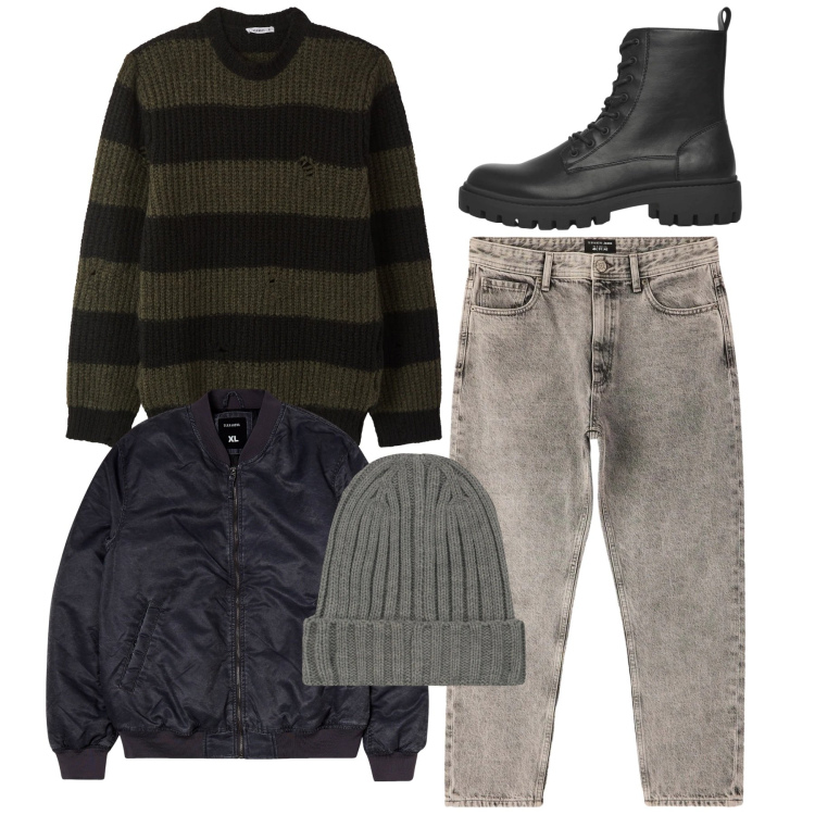 Outfit uomo - Le bande larghe. Stile Casual per Tutti i giorni. Abbinamento con bomber, anfibi, jeans dritti, maglieria, berretti.