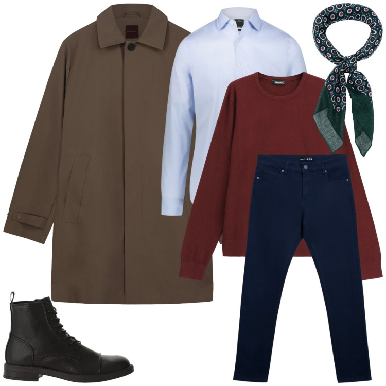 Outfit uomo - foulard per lui. Stile Urban per Tutti i giorni. Abbinamento con pantaloni skinny, maglieria, anfibi, camicie, trench, sciarpe e foulard.