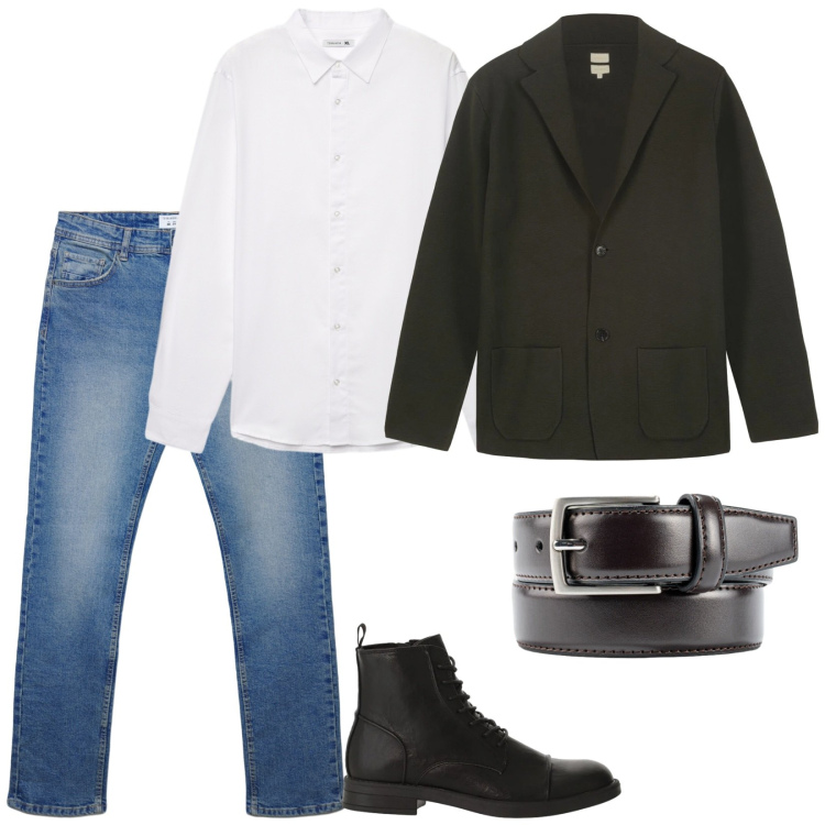 Outfit uomo - A pranzo di domenica. Stile Trendy per Serata speciale. Abbinamento con jeans dritti, camicie, anfibi, giacche, cinture.