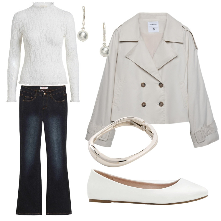 Outfit donna - Pizzo bianco. Stile Casual chic per Tutti i giorni. Abbinamento con jeans bootcut, ballerine, braccialetti, bluse, caban, orecchini.