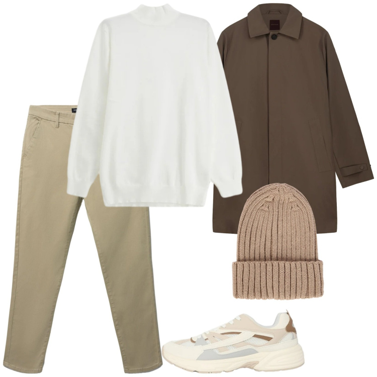 Outfit uomo - Il pull bianco latte. Stile Casual per Tutti i giorni. Abbinamento con pantaloni chino, sneakers, maglieria, berretti, trench.
