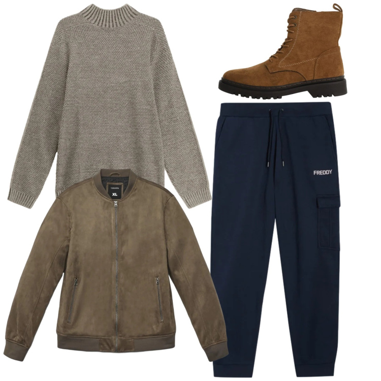 Outfit uomo - Total look. Stile Casual per Tutti i giorni. Abbinamento con giacche, maglieria, anfibi, pantaloni cargo.