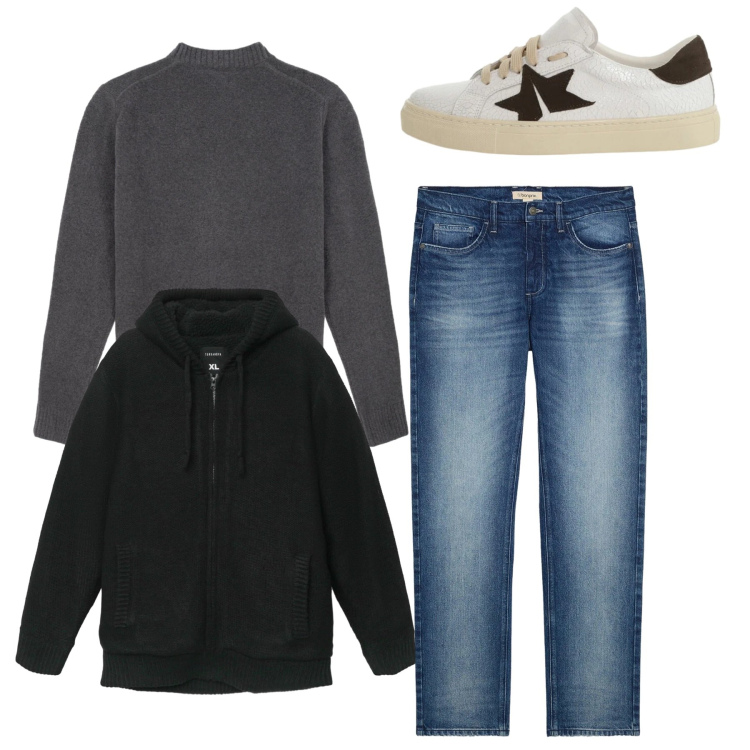 Outfit uomo - Total look. Stile Casual per Tutti i giorni. Abbinamento con jeans dritti, felpe con cappuccio, sneakers, maglieria.