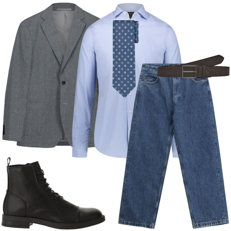 Outfit uomo - Il blazer grigio. Stile Urban per Ufficio. Abbinamento con cinture, jeans, anfibi, camicie, cravatte, giacche.