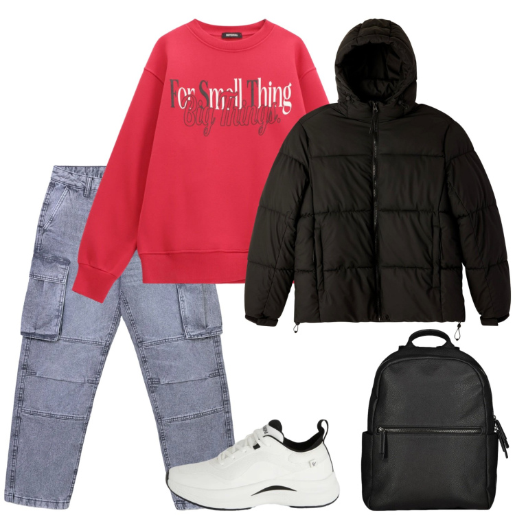 Outfit uomo - Teenager. Stile Casual per Tutti i giorni. Abbinamento con jeans, bomber, felpe, sneakers, borse sportive.
