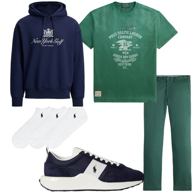 Outfit uomo - Verde e blu. Stile Casual per Tutti i giorni. Abbinamento con calzini, pantaloni chino, felpe con cappuccio, t-shirt, sneakers.