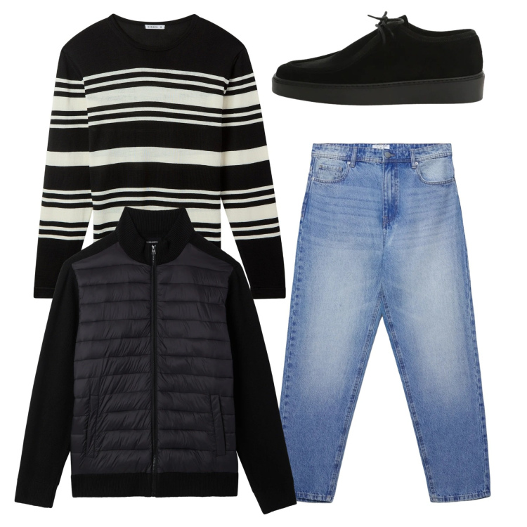 Outfit uomo - Total look. Stile Casual per Tutti i giorni. Abbinamento con scarpe stringate, jeans, piumini, maglieria.