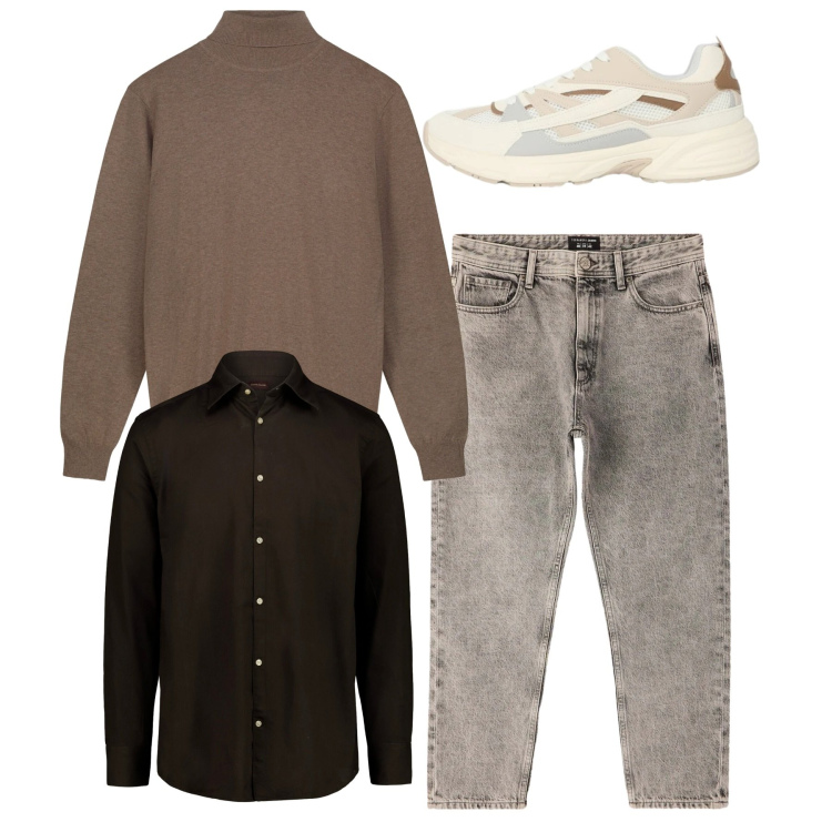 Outfit uomo - Total look. Stile Casual per Tutti i giorni. Abbinamento con sneakers, jeans dritti, camicie, maglieria.