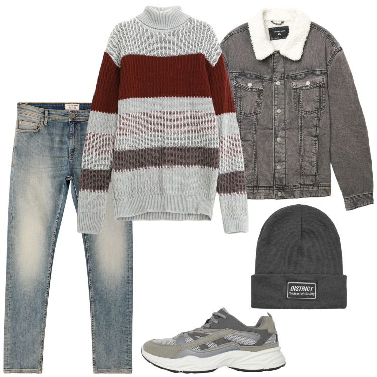 Outfit uomo - Grey day. Stile Casual per Tutti i giorni. Abbinamento con sneakers, jeans skinny, berretti, cappotti, maglieria.