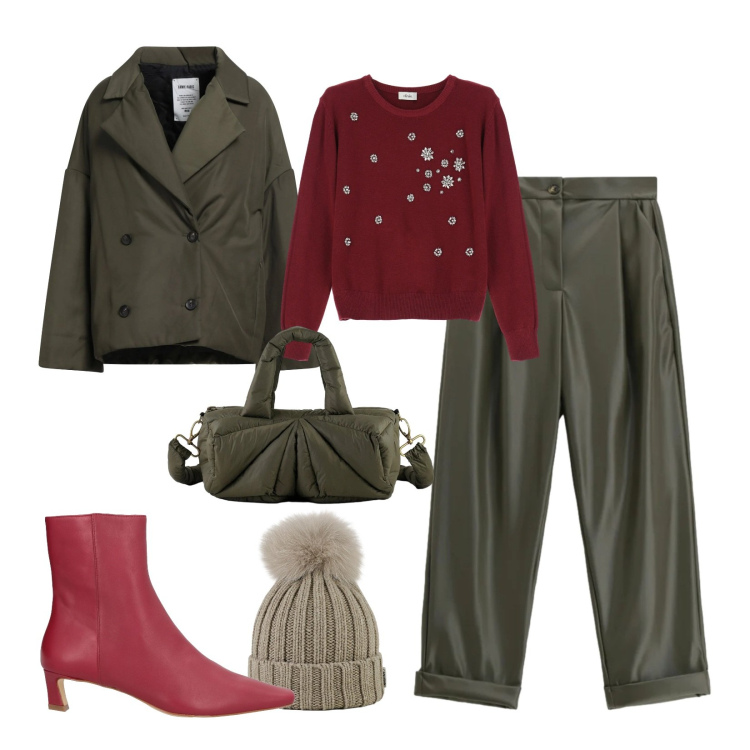 Outfit donna - Burgundi vs green. Stile Trendy per Tutti i giorni. Abbinamento con stivaletti, caban, maglieria, pantaloni, berretti, borse a mano.