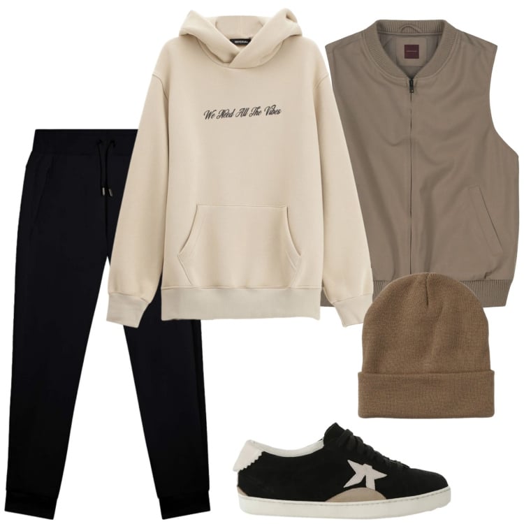 Outfit uomo - Passeggiando. Stile Casual per Sport. Abbinamento con berretti, felpe con cappuccio, sneakers, pantaloni, piumini.