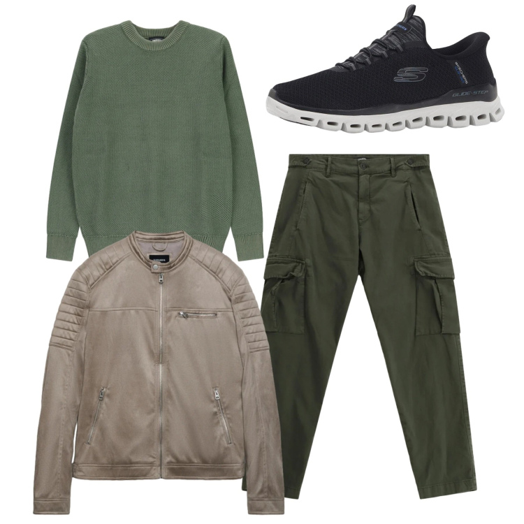 Outfit uomo - Total look. Stile Casual per Tutti i giorni. Abbinamento con sneakers, pantaloni cargo, pullovers, giacche.