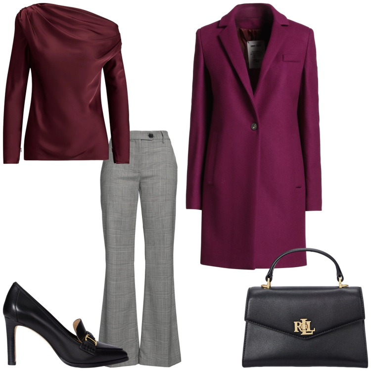 Outfit donna - Nero e Burgundy. Stile Chic per Tutti i giorni. Abbinamento con cappotti, pantaloni, borse a mano, décolleté, bluse.