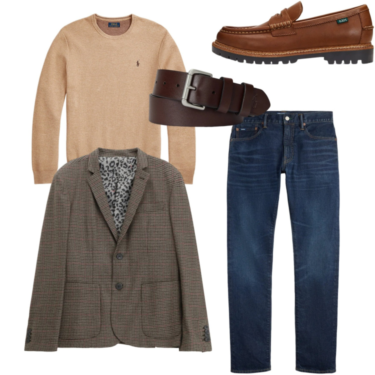 Outfit uomo - Total look con classe. Stile Casual per Tutti i giorni. Abbinamento con giacche, cinture, maglieria, scarpe stringate, jeans.