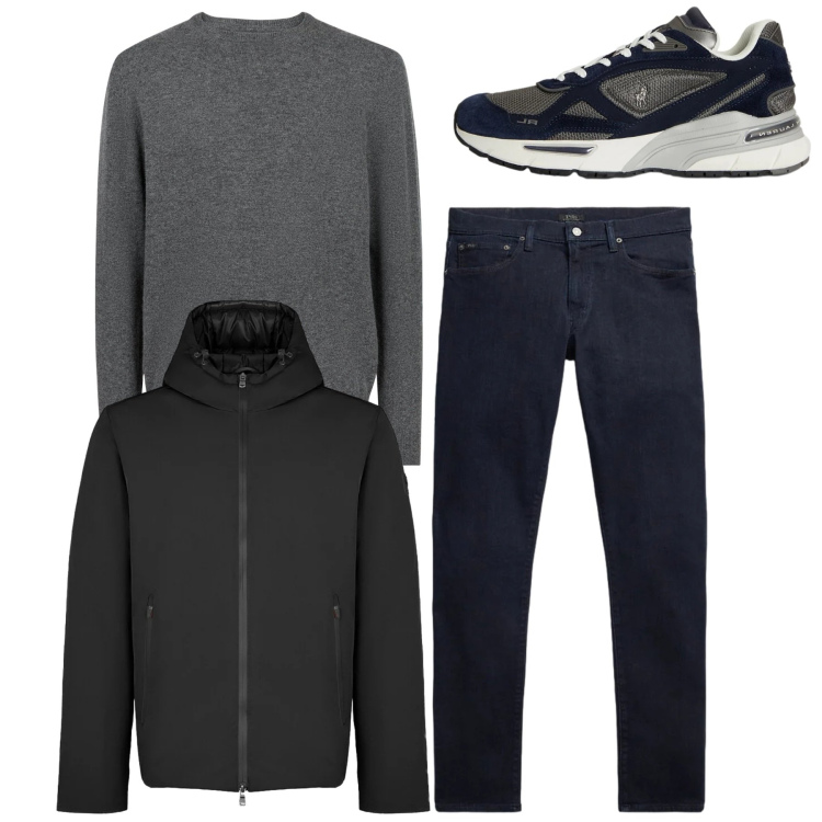 Outfit uomo - Total look antracite. Stile Casual per Tutti i giorni. Abbinamento con jeans, sneakers, parka, maglieria.
