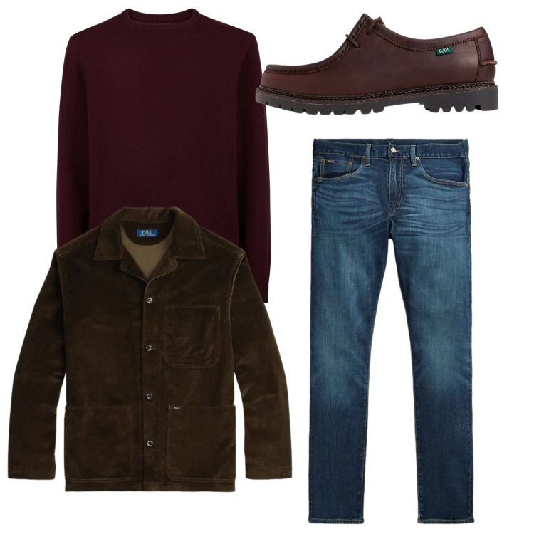 Outfit uomo - Burgundy e jeans. Stile Casual per Serata speciale. Abbinamento con scarpe stringate, jeans, giacche, maglieria.