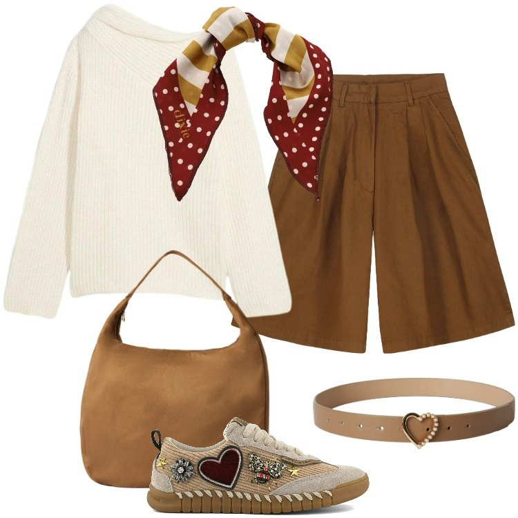 Outfit donna - Romantica. Stile Boho per Tutti i giorni. Abbinamento con maglieria, borse a mano, cinture, foulard, bermuda, sneakers.