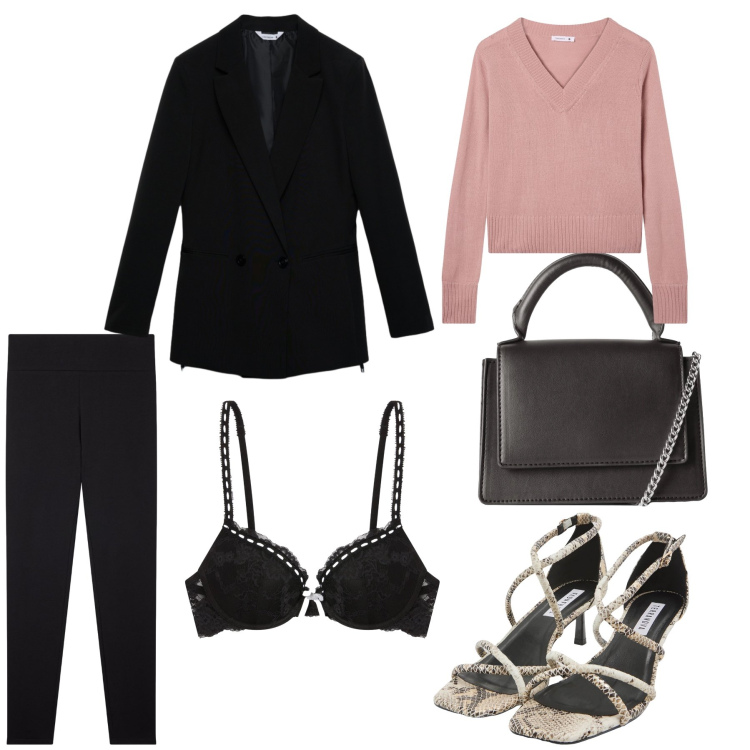 Outfit donna - Midnight Lace Elegance. Stile Romantica per Serata fuori. Abbinamento con blazer, borse a tracolla, leggings, maglieria, reggiseni push-up, sandali col tacco.