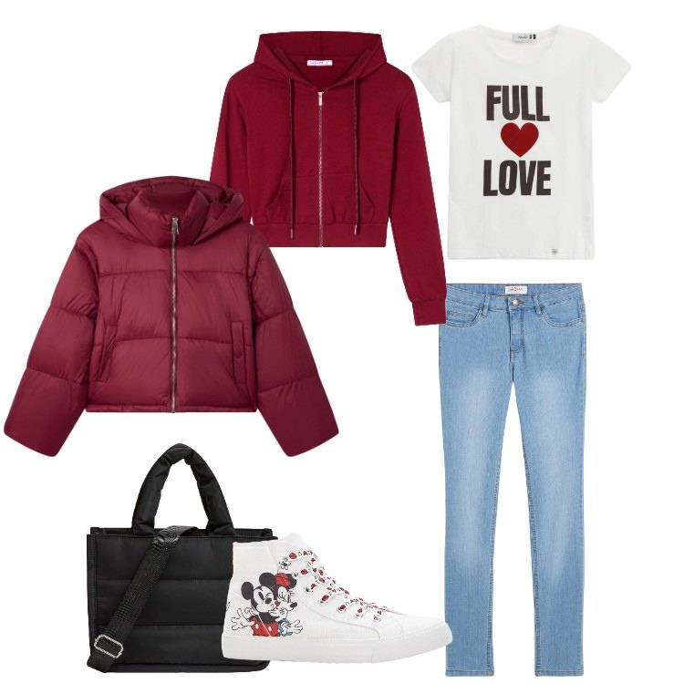 Outfit donna - San Valentino sportivo. Stile Sporty chic per Tutti i giorni. Abbinamento con jeans skinny, sneakers alte, shopping bag, felpe con cappuccio, bomber, t-shirt.