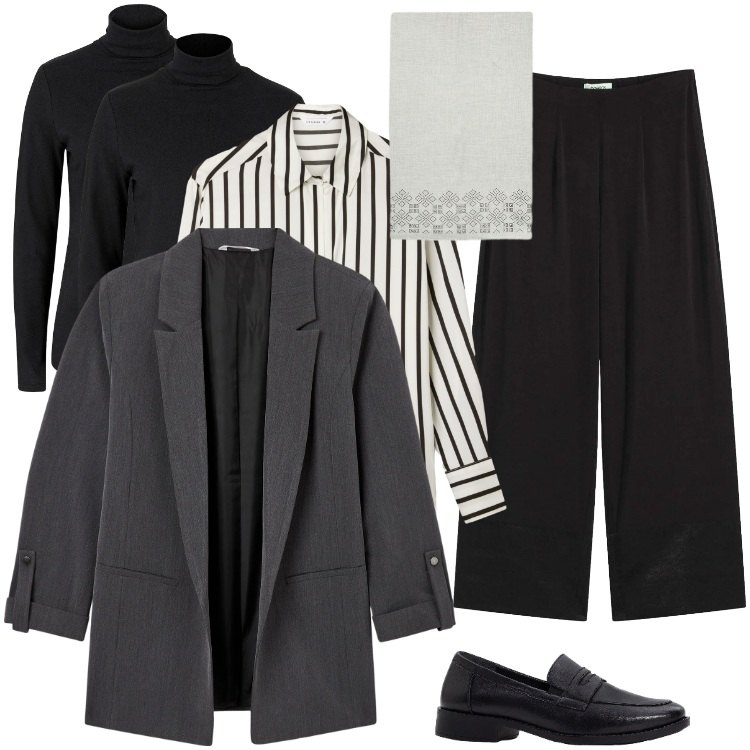 Outfit donna - Total look #2329147. Stile Mannish per Ufficio. Abbinamento con pantaloni, maglieria, mocassini, blazer, camicie, sciarpe.