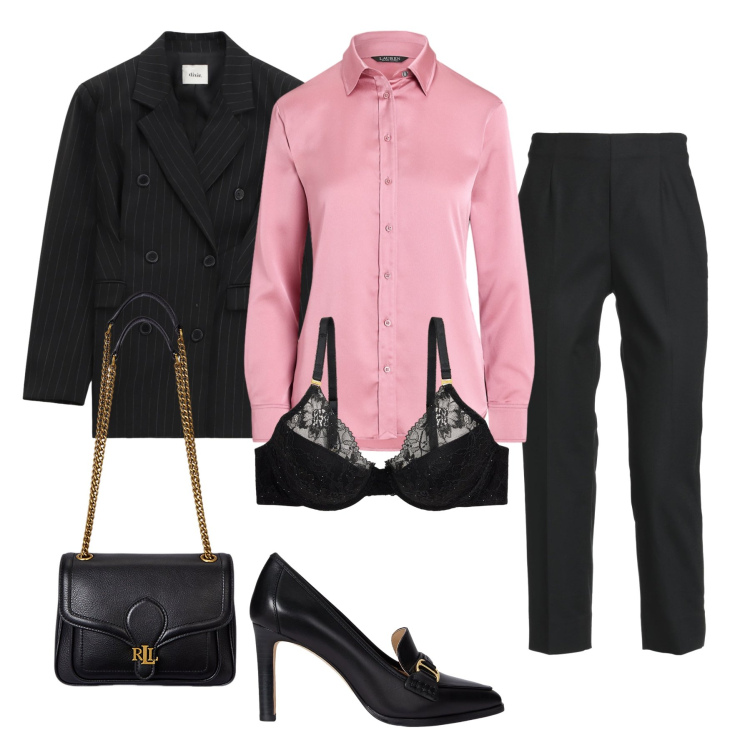 Outfit donna - Rose Gold & Noir Business Glam. Stile Urban per Tutti i giorni. Abbinamento con pantaloni, blazer, reggiseni, décolleté, camicie, borse a spalla.